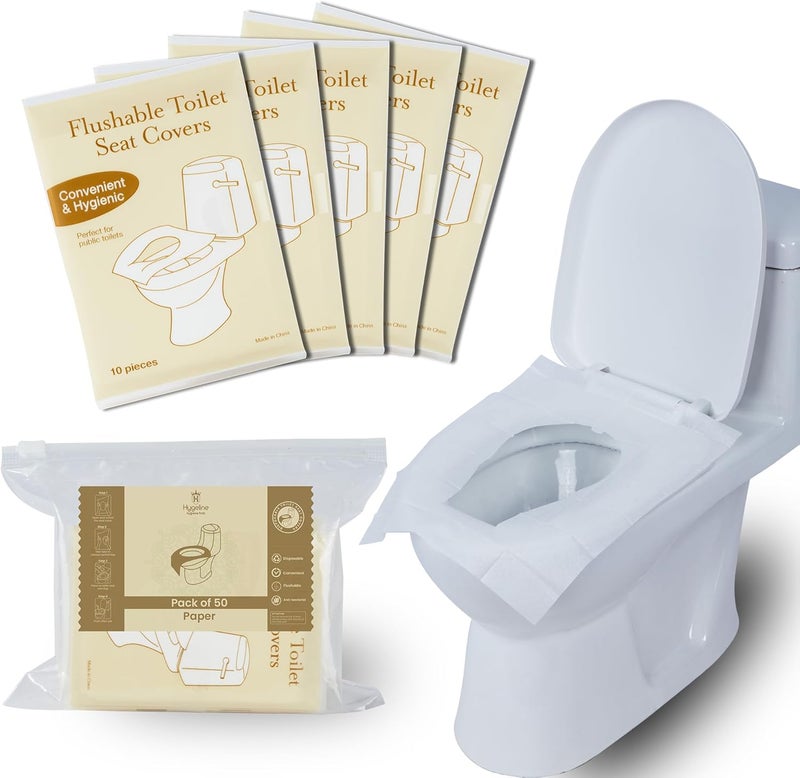 Hygeline Pack 50 Disposable Toilet Seat Covers Flushable 100% Biodegradable Paper Material | Travel Toilet Seat Covers for Adults and Potty Training, Premium Toilet Seat Liners for Public Restrooms - Image 1